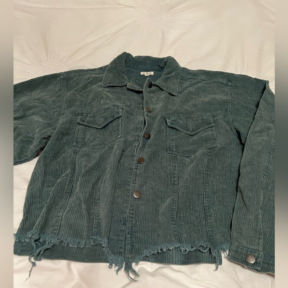 Women's POL Ribbed Frayed Distressed Cut Off Teal Green Corduroy Jacket